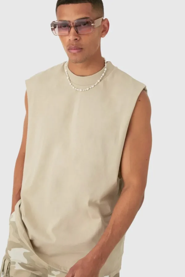 boohooMAN Drop Armhole Extended Neck Heavyweight Tank | T-Shirts