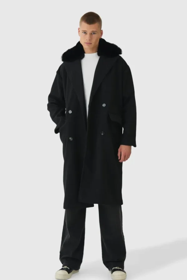 boohooMAN Drop Shoulder Overcoat With Removeable Faux Fur Trim In | Man | Coats & Jackets