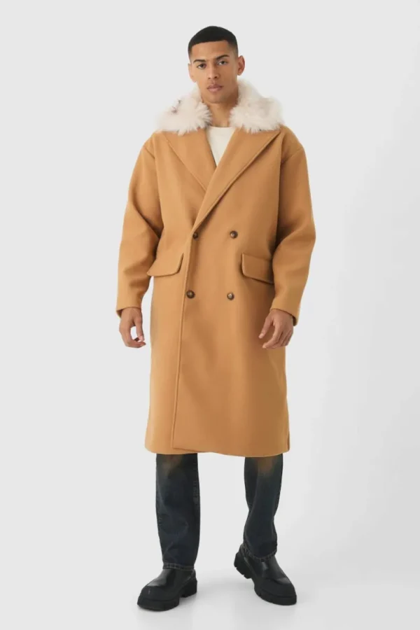 boohooMAN Drop Shoulder Overcoat With Removeable Faux Fur Trim In | Coats & Jackets