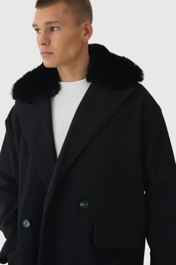 boohooMAN Drop Shoulder Overcoat With Removeable Faux Fur Trim In | Man | Coats & Jackets