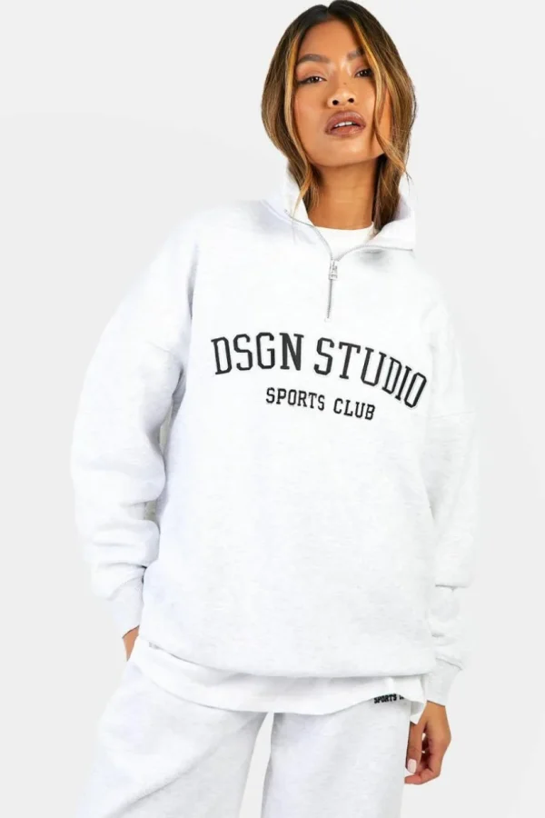 boohoo Dsgn Studio Applique Oversized Half Zip Sweatshirt | Women Shirts | Foundation