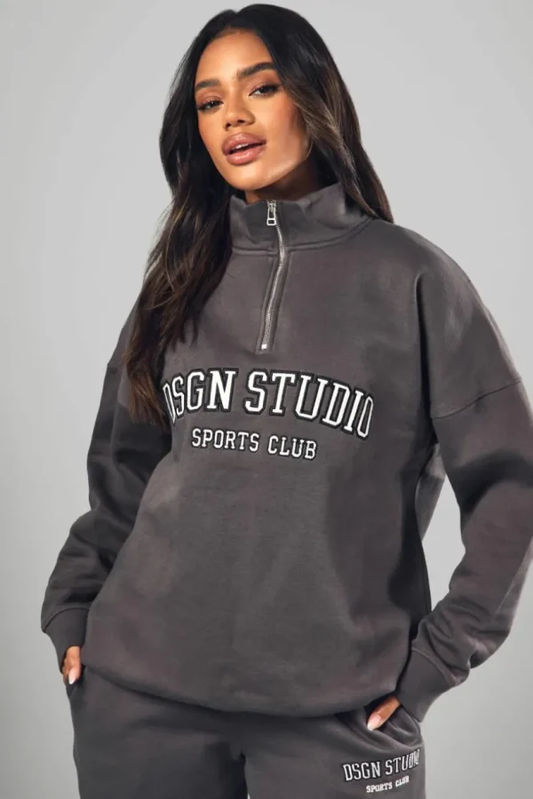 boohoo Dsgn Studio Applique Oversized Half Zip Sweatshirt | Women Shirts | Foundation