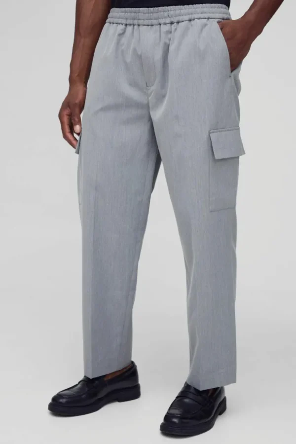 boohooMAN Elastic Waist Straight Leg Tailored Cargo Trousers | Suits & Tailoring | Suits & Tailoring