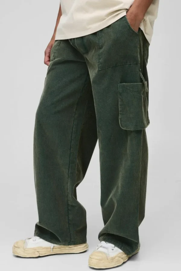 boohooMAN Elasticated Waist Baggy Acid Wash Corduroy Cargo Trouser | Trousers