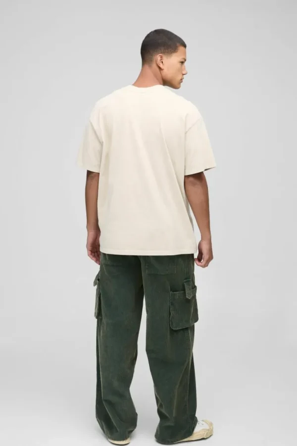 boohooMAN Elasticated Waist Baggy Acid Wash Corduroy Cargo Trouser | Trousers