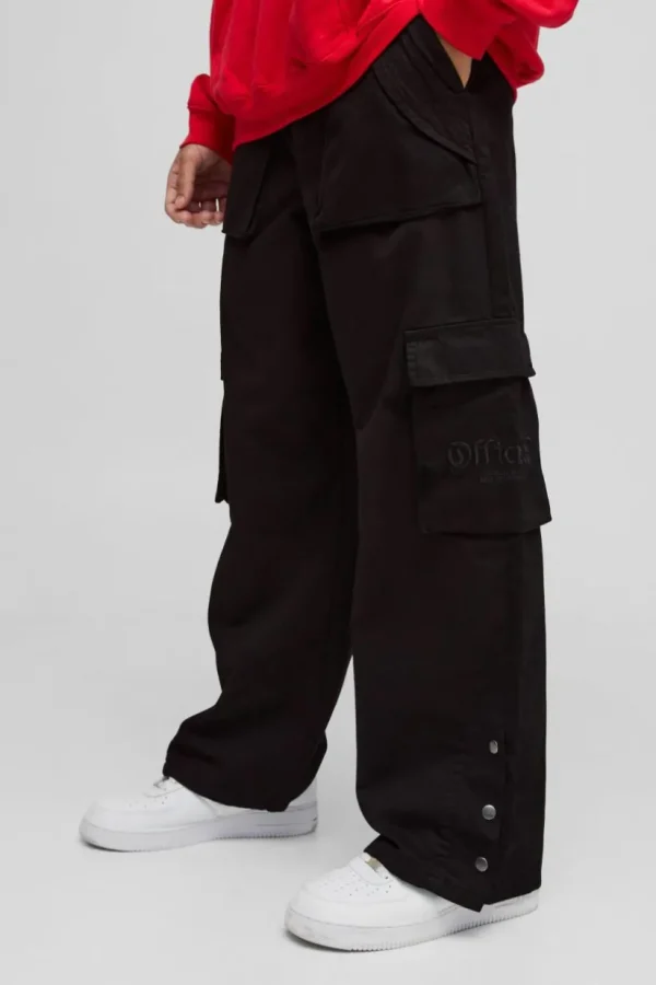 boohooMAN Elasticated Waist Baggy Brushed Twill Embroidery Cargo Trousers | Trousers | Cargo Trousers