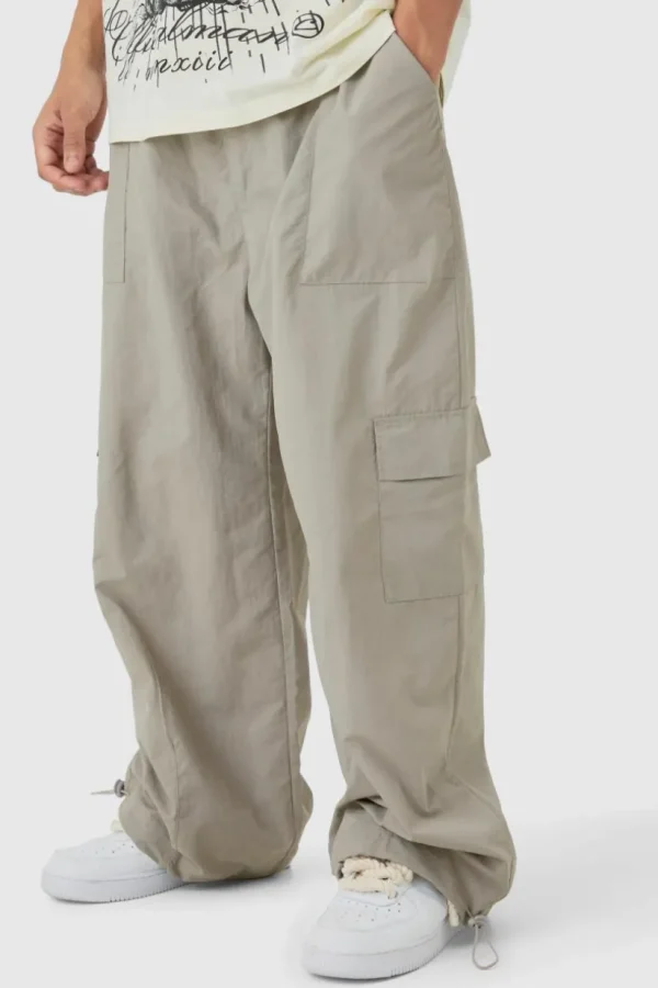 boohooMAN Elasticated Waist Cargo Pocket Parachute Trousers | Trousers