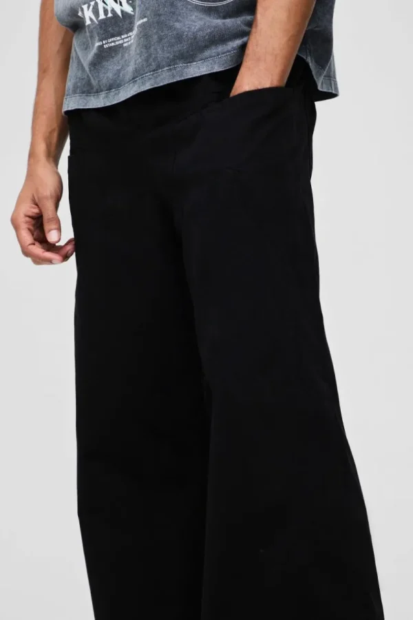 boohooMAN Elasticated Waist Extreme Baggy Twill Waistband Detail Trousers | Trousers