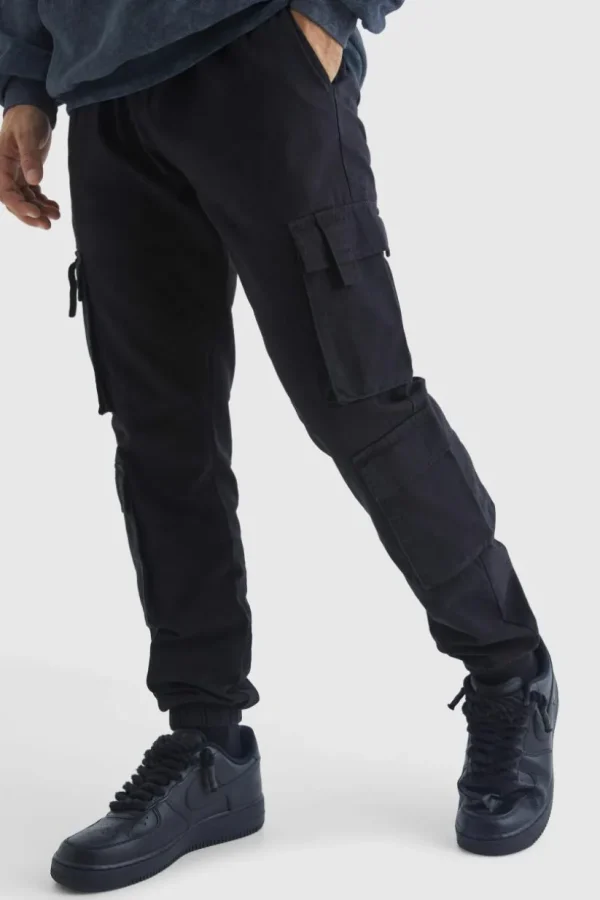 boohooMAN Elasticated Waist Multi Cargo Pocket Slim Fit Jogger | Trousers | Cargo Trousers