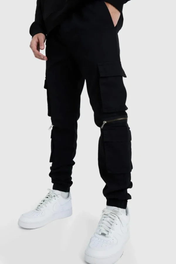 boohooMAN Elasticated Waist Multi Pocket Zip Cargo Trouser | Trousers | Cargo Trousers