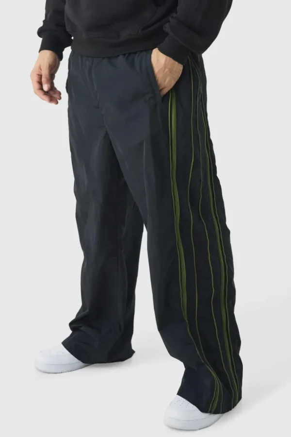 boohooMAN Elasticated Waist Parachute Front Piping Trousers | Trousers