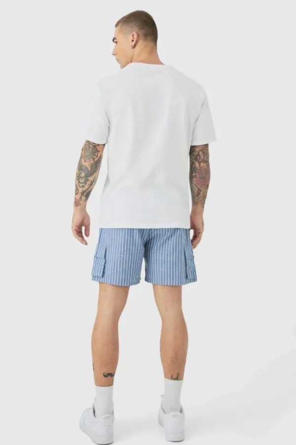 boohooMAN Elasticated Waist Pinstripe Linen Look Short In | Shorts