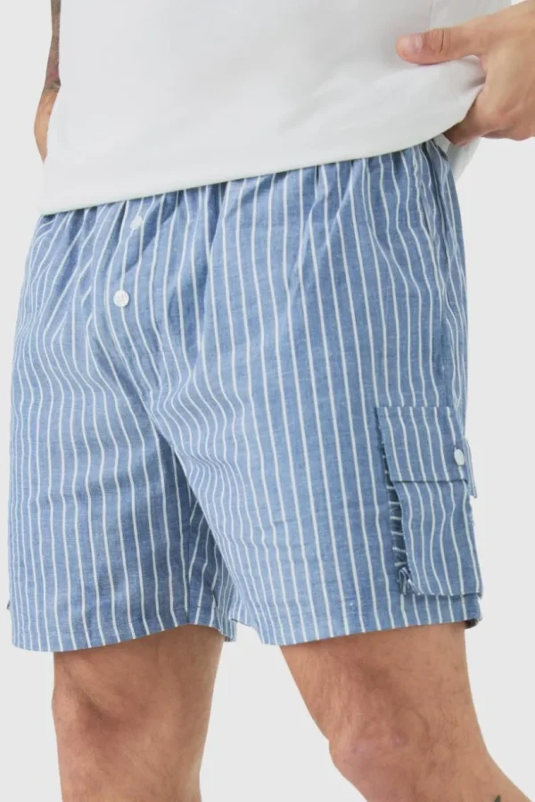 boohooMAN Elasticated Waist Pinstripe Linen Look Short In | Shorts