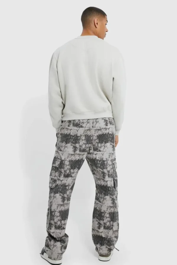 boohooMAN Elasticated Waist Printed Pocket Stacked Cargo Trousers | Trousers | Cargo Trousers