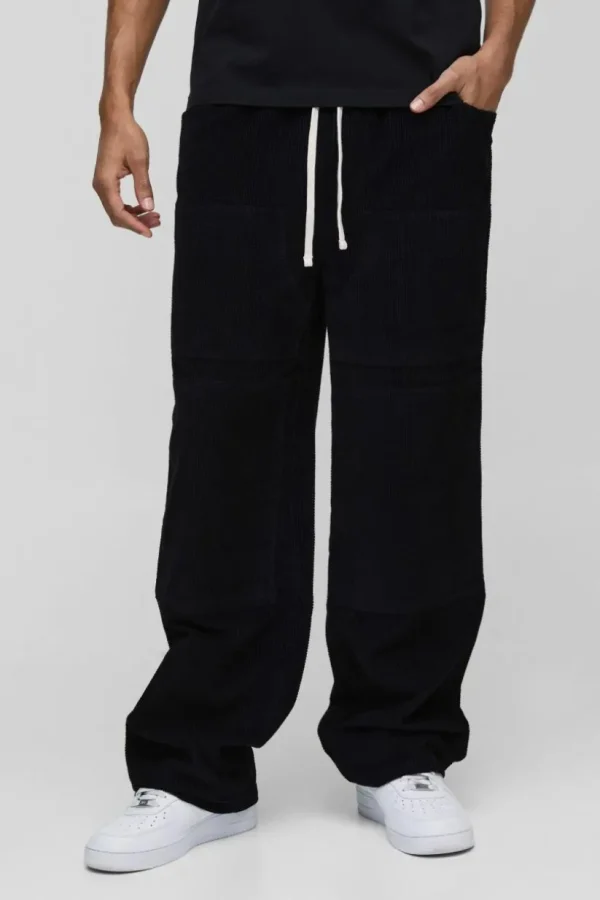 boohooMAN Elasticated Waist Relaxed Carpenter Waffle Corduroy Trousers | Trousers