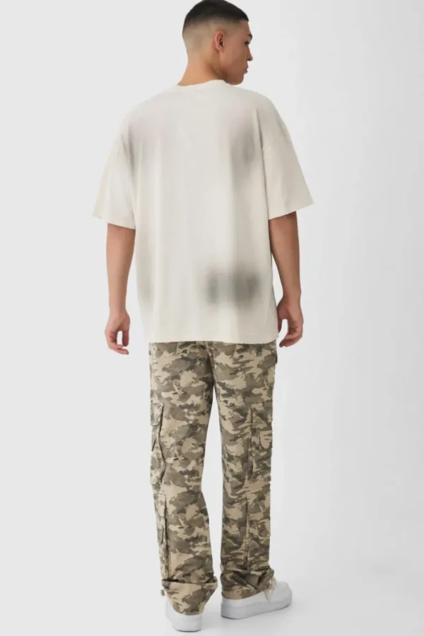 boohooMAN Elasticated Waist Relaxed Stacked Camo Cargo Trousers | Trousers | Cargo Trousers