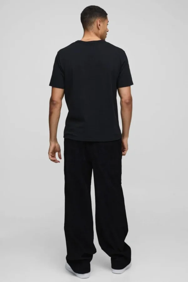 boohooMAN Elasticated Waist Relaxed Carpenter Waffle Corduroy Trousers | Trousers