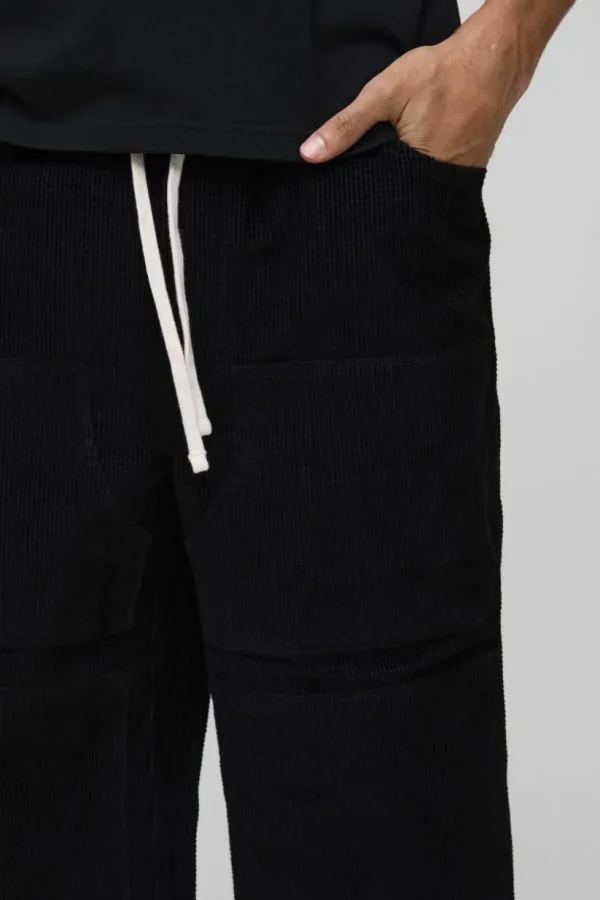 boohooMAN Elasticated Waist Relaxed Carpenter Waffle Corduroy Trousers | Trousers