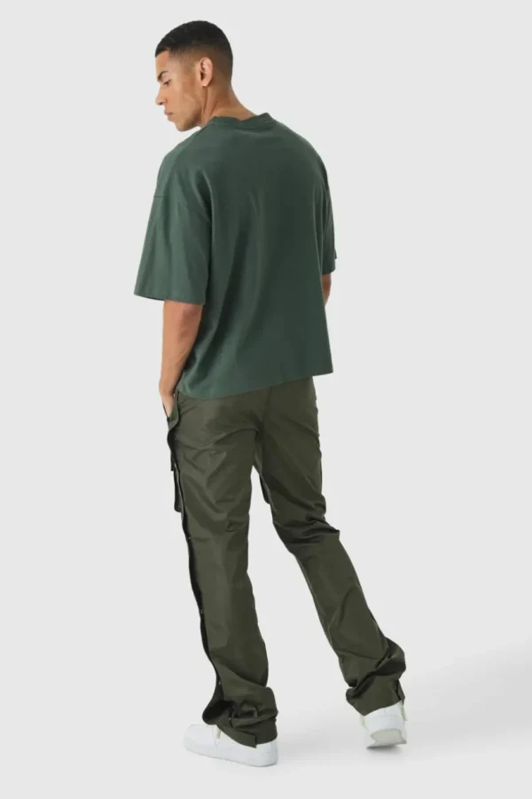 boohooMAN Elasticated Waist Slim Flare Stacked Cargo Trousers | Trousers | Cargo Trousers