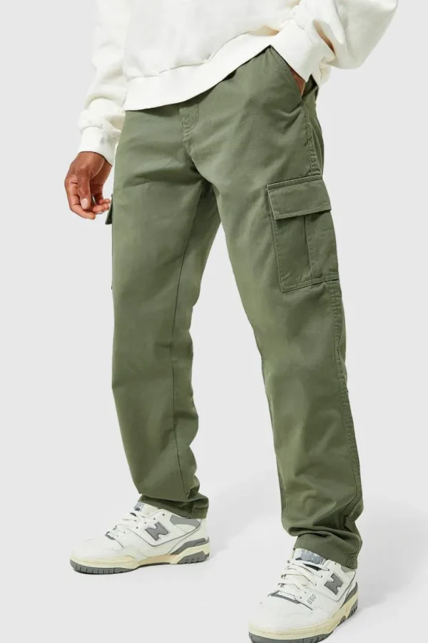 boohooMAN Elasticated Waist Straight Leg Twill Cargo Trouser | Trousers | Cargo Trousers