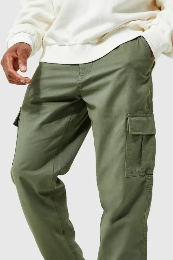 boohooMAN Elasticated Waist Straight Leg Twill Cargo Trouser | Trousers | Cargo Trousers