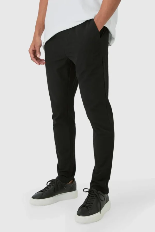 boohooMAN Elasticated Waist Technical Stretch Slim Trouser | Trousers