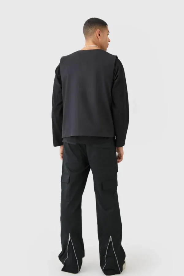 boohooMAN Elasticated Waist Zip Hem Flared Cargo Trousers | Trousers | Cargo Trousers