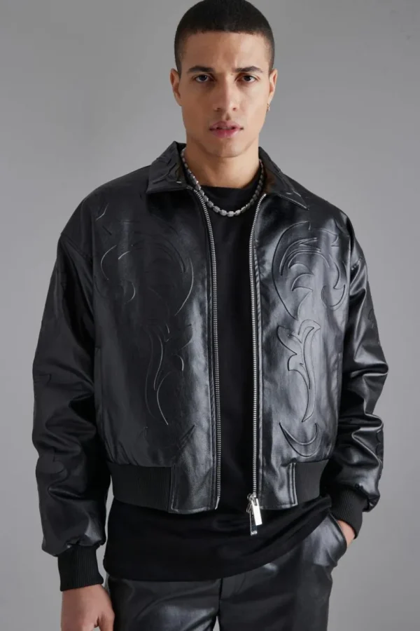 boohooMAN Embossed Pu Baroque Boxy Bomber Jacket | Going Out Jackets | Going Out