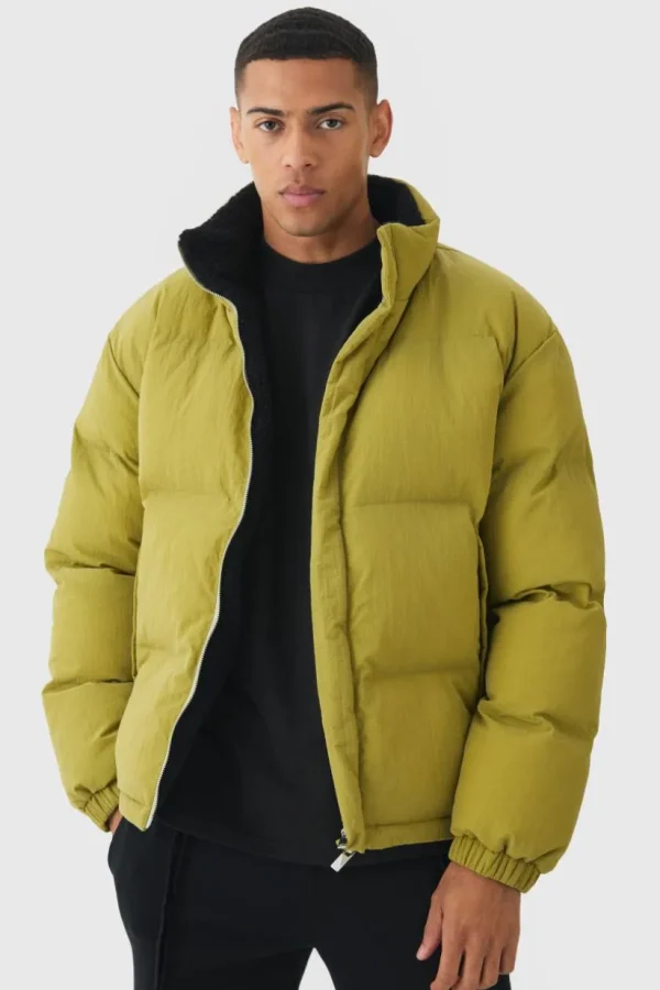 boohooMAN Embroidered Ripstop Funnel Neck Puffer In | Man | Coats & Jackets