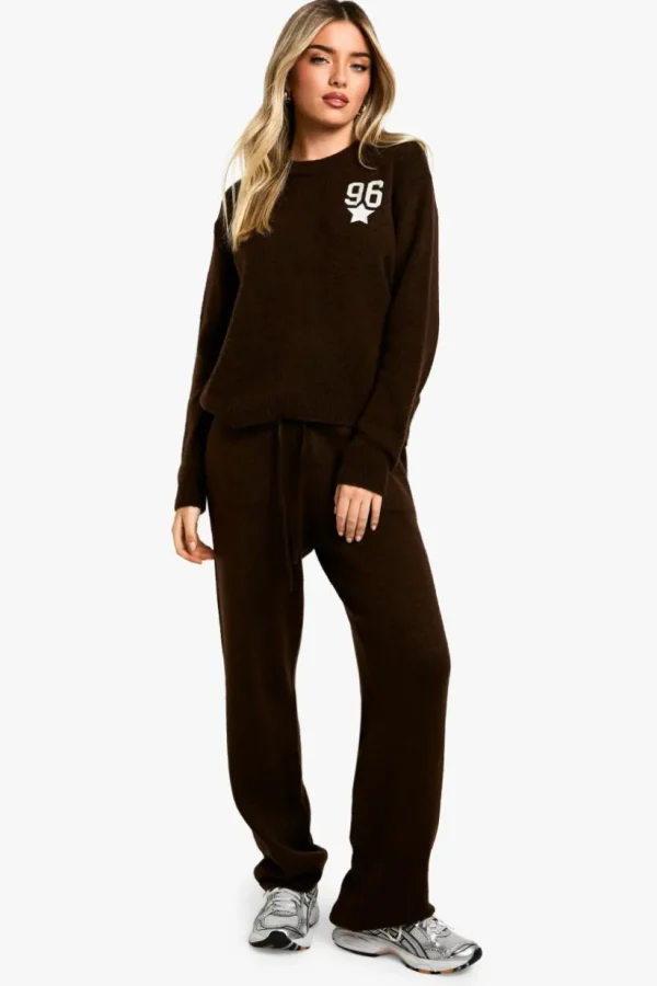 boohoo Embroidered Star Detail Oversized Crew Neck Knitted Jumper And Wide Leg Trouser Tracksuit | Women Shirts | Foundation