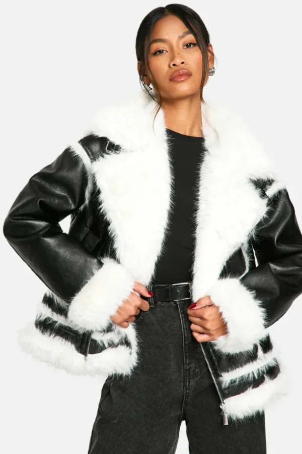 boohoo Faux Fur Trim Oversized Aviator Jacket | Women Shirts | Foundation