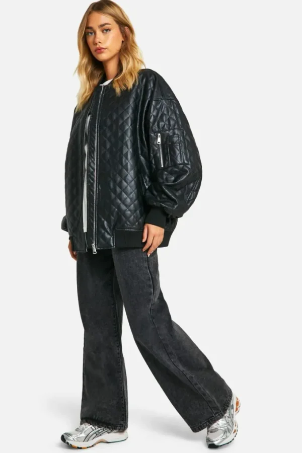 boohoo Faux Leather Quilted Oversized Bomber Jacket | Women Shirts | Foundation