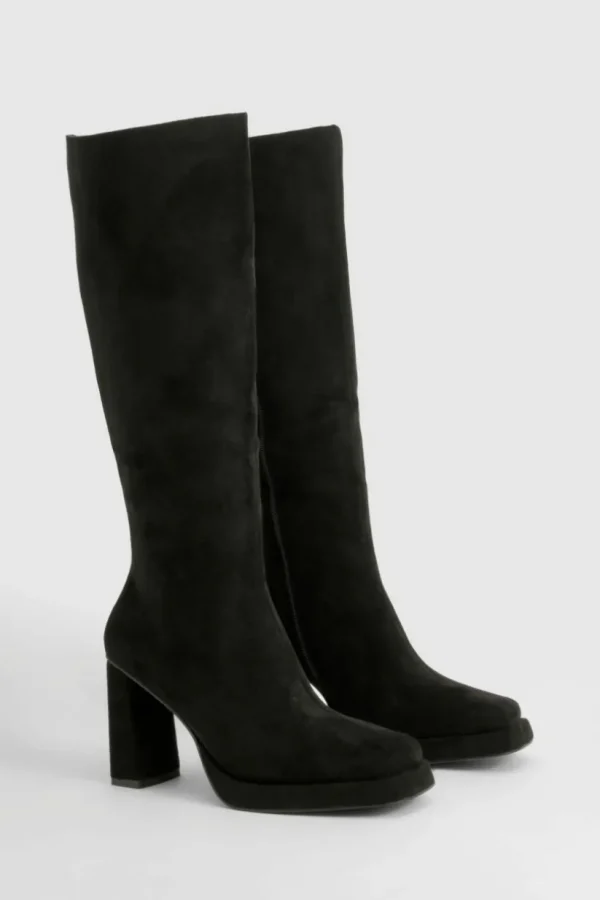 boohoo Faux Suede Block Heel Platform Knee High Boots | Women Shirts | Foundation