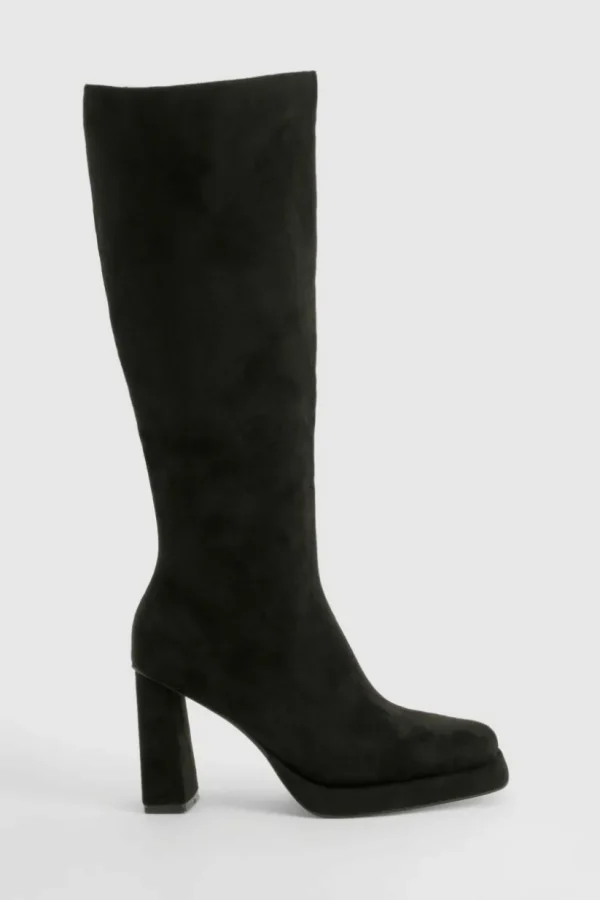 boohoo Faux Suede Block Heel Platform Knee High Boots | Women Shirts | Foundation