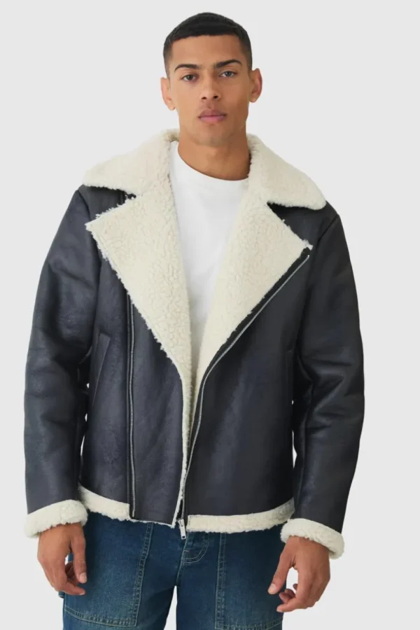 boohooMAN Faux Suede Borg Collar Aviator Jacket In | Man | Coats & Jackets