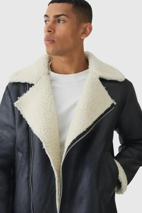 boohooMAN Faux Suede Borg Collar Aviator Jacket In | Man | Coats & Jackets