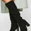 boohoo Faux Suede Ruched Block Heel Knee High Boot | Women Shirts | Foundation