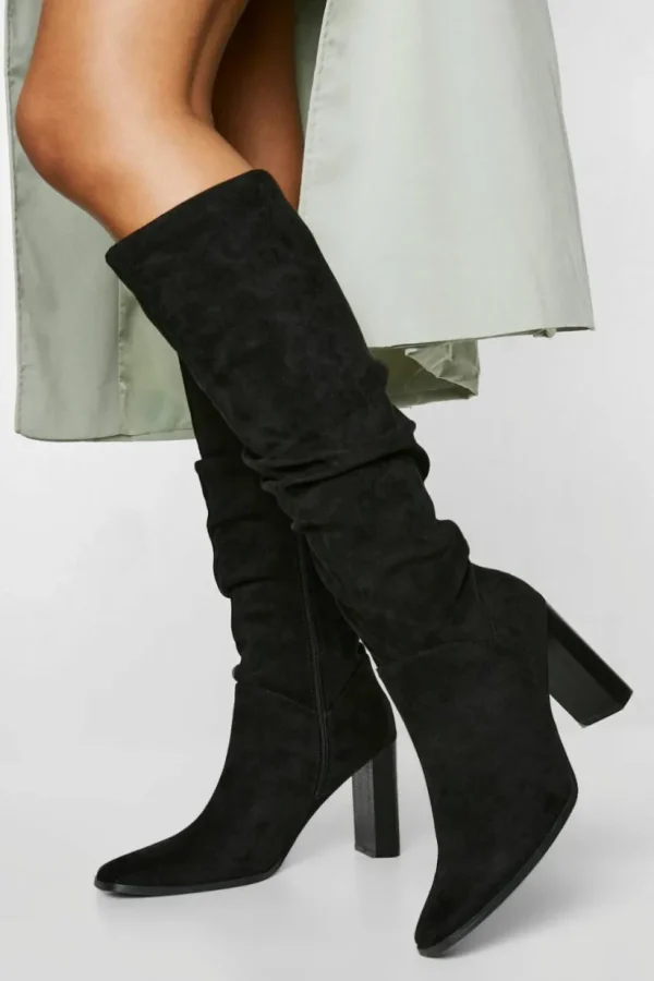 boohoo Faux Suede Ruched Block Heel Knee High Boot | Women Shirts | Foundation