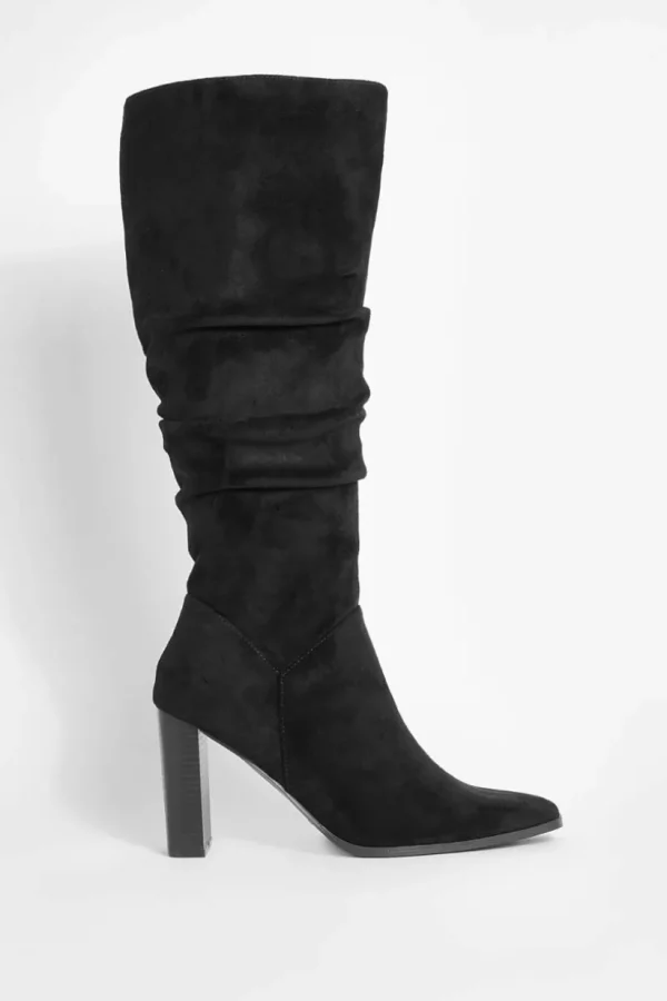 boohoo Faux Suede Ruched Block Heel Knee High Boot | Women Shirts | Foundation