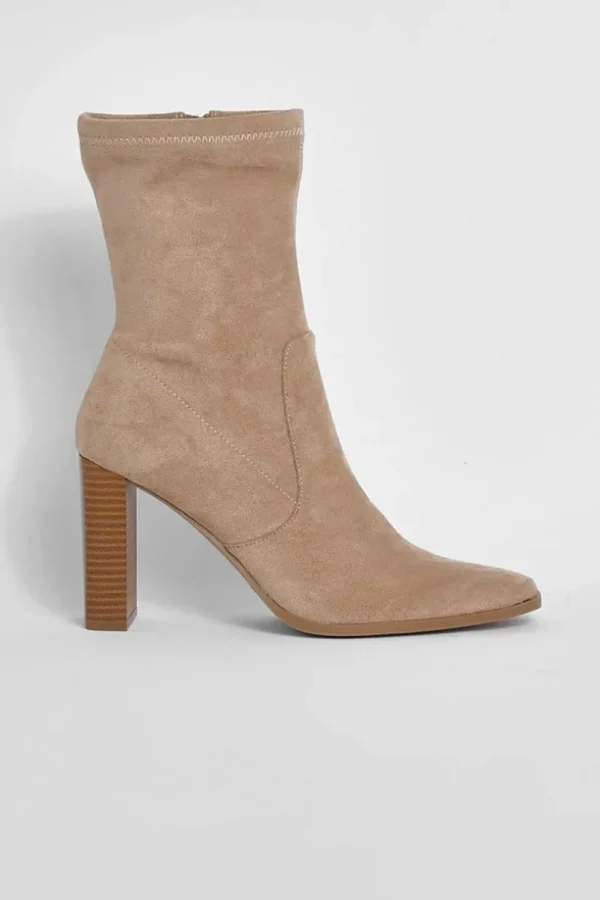 boohoo Faux Suede Square Toe Heeled Sock Boots | Women Shirts | Foundation