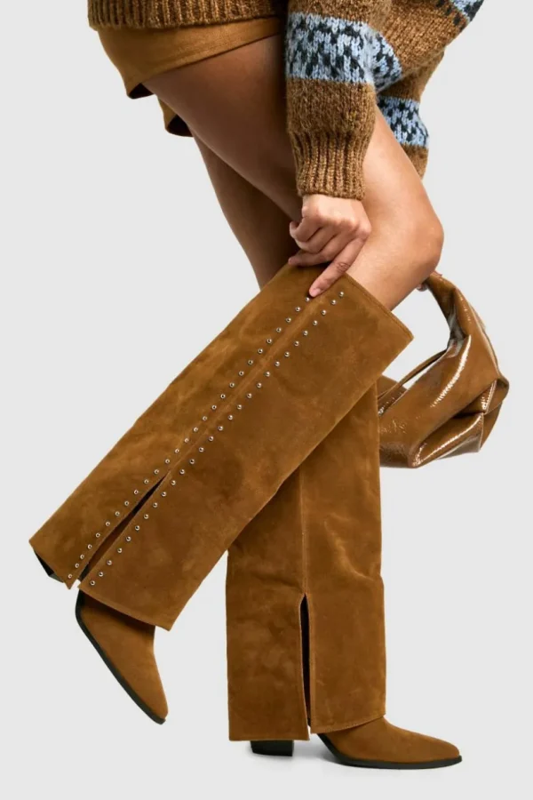 boohoo Faux Suede Studded Detail Fold Over Distressed Western Boot | Women/BOY Shirts | Foundation