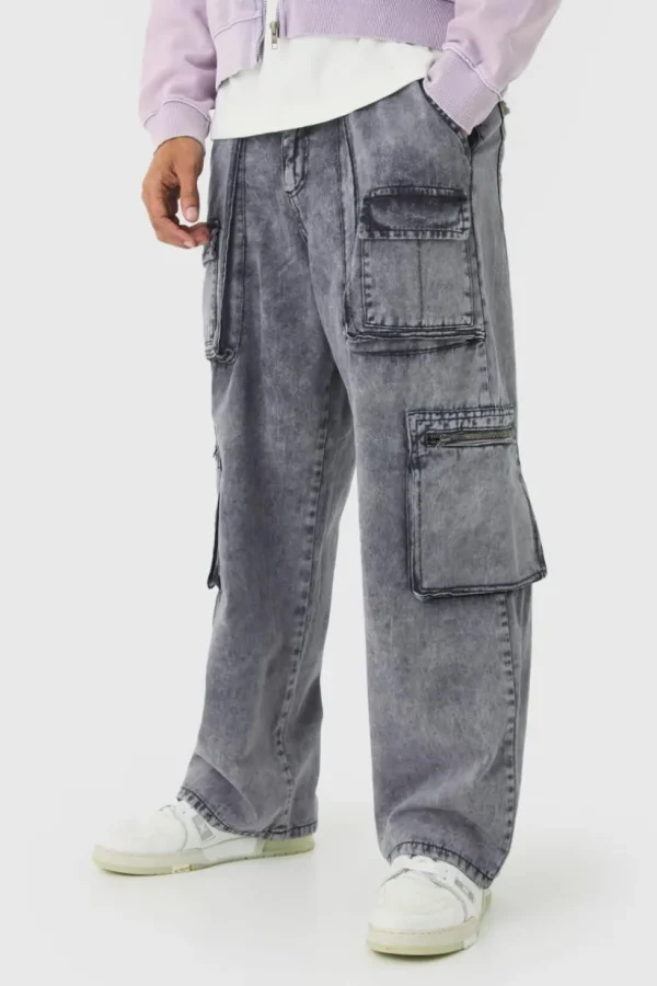 boohooMAN Fixed Waist Acid Washed Baggy Cargo Trouser | Trousers | Cargo Trousers