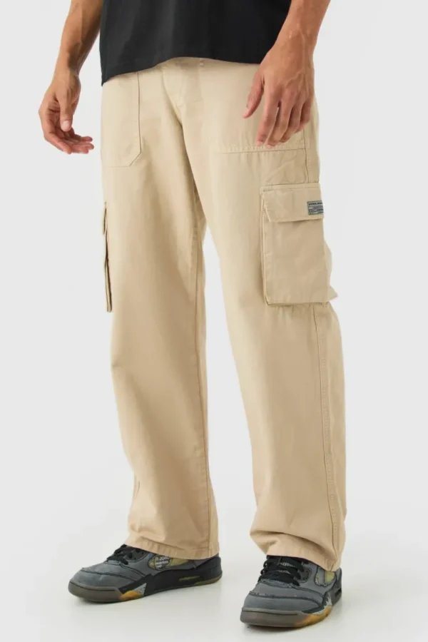 boohooMAN Fixed Waist Cargo Zip Trouser With Woven Tab | Trousers | Cargo Trousers