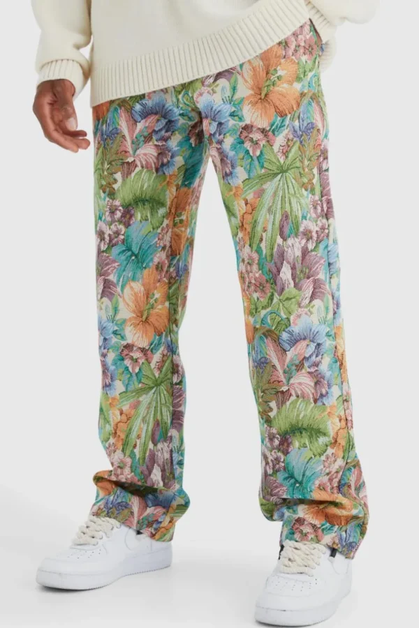 boohooMAN Fixed Waist Floral Tapestry Trouser | Trousers