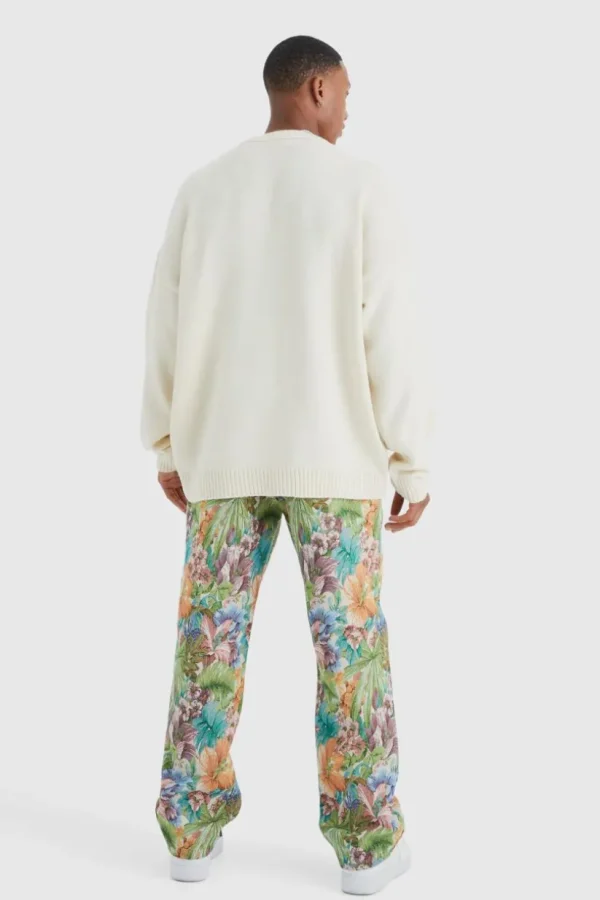 boohooMAN Fixed Waist Floral Tapestry Trouser | Trousers