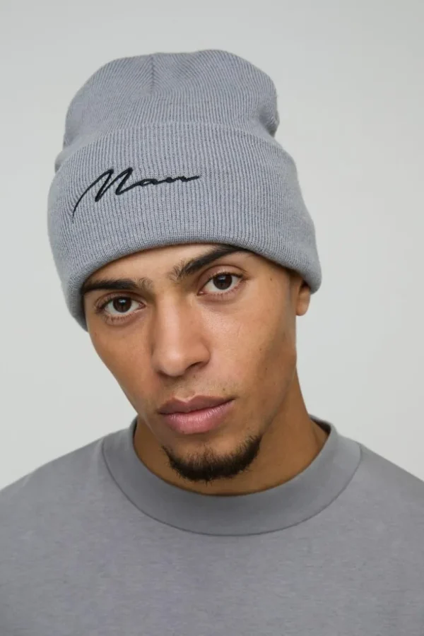 boohooMAN Flat Knit Man Script Micro Beanie | Hats & Caps