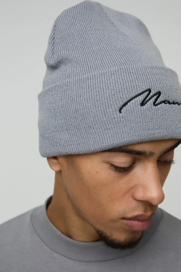 boohooMAN Flat Knit Man Script Micro Beanie | Hats & Caps