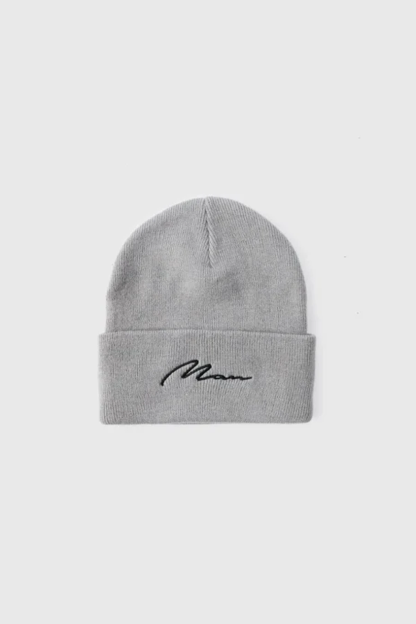 boohooMAN Flat Knit Man Script Micro Beanie | Hats & Caps