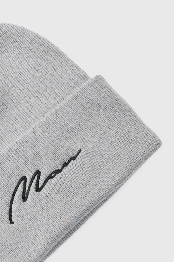 boohooMAN Flat Knit Man Script Micro Beanie | Hats & Caps