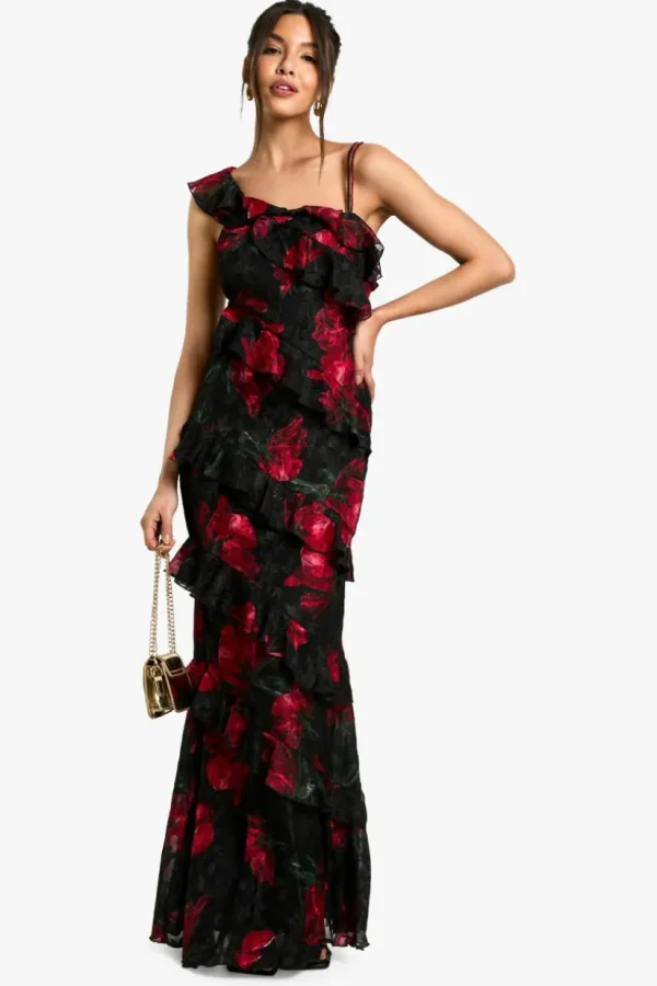 boohoo Floral One Shoulder Ruffle Maxi Dress | Women Shirts | Foundation